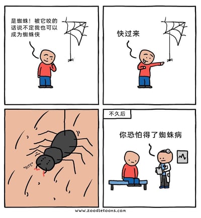 这是一幅四格搞笑卡通漫画，第一格中，光头男子看到吊在蛛丝上的蜘蛛，满心期待地想着被蜘蛛咬后就能像蜘蛛侠一样获得超能力；第二格中，男子笑着招呼蜘蛛靠近自己；第三格是特写镜头，蜘蛛咬向了男子的皮肤；第四格场景转到医院，不久后男子坐在诊椅上，医生拿着记录板严肃地告诉他，他恐怕得了“蜘蛛病”。漫画利用“蜘蛛侠”的谐音梗，将“侠”替换成“病”，制造出强烈的反差感，打破了男子获得超能力的美好幻想，以乌龙生病的结局制造笑点，风格幽默荒诞。
