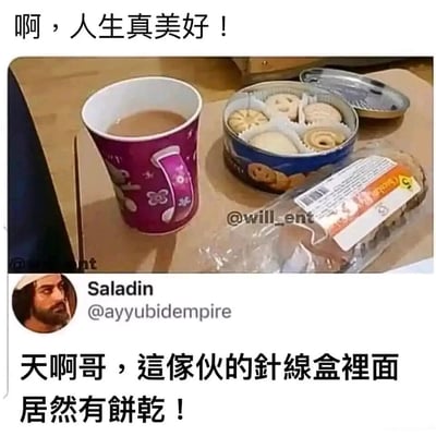 这是一张图文结合的搞笑梗图，上方是日常生活场景照片，展示了桌面上的一杯带图案的饮品杯、一个装着曲奇饼干的铁盒和一份包装好的食物，配文“啊，人生真美好！”，传递出惬意的日常感；下方是海外社交平台用户Saladin（账号@ayyubidempire）的评论，该用户将外观类似针线盒的曲奇铁盒误认成针线盒，发出“天啊哥，這傢伙的針線盒裡面居然有餅乾！”的惊叹，利用物品外形的相似性制造出乌龙误会，形成了幽默的笑点。图片带有@will_ent的水印，是经过二次创作传播的社交媒体内容。