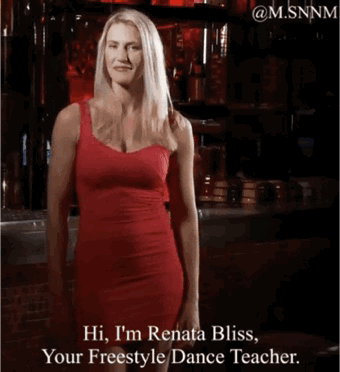 这是一段动态GIF，画面中一位穿着红色紧身连衣裙的金发女士Renata Bliss站在类似酒吧的深色背景前，面带微笑，下方配有英文字幕：“Hi, I'm Renata Bliss, Your Freestyle Dance Teacher.”，女士看起来正准备开启舞蹈教学，整体氛围轻松活泼，适合作为舞蹈相关内容的素材或自我介绍内容。
