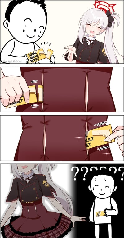 四格漫画描绘了一个搞笑场景：简单画风的男性角色手持断裂的「TOTAL ASSAULT TICKET」票券，表情尴尬冒汗。右侧的白发动漫女孩最初笑容满面，当男性试图将断裂的票券插入她裙子侧面的口袋/插槽时，女孩逐渐露出困惑表情，最后两人面面相觑，充满喜剧效果。
