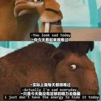 这是一张来自《冰河世纪》的双格梗图，展示了剑齿虎Diego和猛犸象Manny的对话。上格中Diego关切地问"你今天看起来很难过"，下格中Manny则悲伤地回应"实际上我每天都很难过，只是今天我没有足够的精力去隐藏"。这种反差揭示了人们常常隐藏真实情绪，直到无法再伪装的状态，引发观众共鸣。