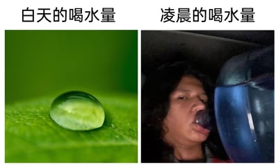 这是一张采用左右对比形式的趣味梗图，左侧区域配有文字“白天的喝水量”，对应画面是一片绿色叶片上的一滴极小的水珠，以此来调侃人们在白天时喝水量极少，常常忽略主动饮水；右侧区域配有文字“凌晨的喝水量”，对应画面是经过夸张P图处理的场景：一个人正对着一个巨大的容器张嘴喝水，嘴角带有水渍，神情满足，用这种极端夸张的方式表现出很多人在凌晨时段会大量饮水的状态。整张图通过强烈的视觉反差，生动又搞笑地戳中了不少人白天忘记喝水、凌晨才大量补水的生活习惯，容易引发大众共鸣。
