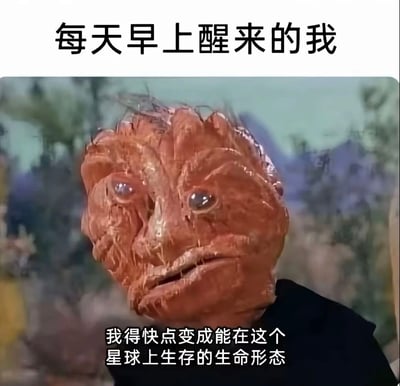 图片上方有文字“每天早上醒来的我”，下方是《西游记》中经典的“奔波儿灞”怪物角色截图。怪物有着夸张的五官、呆滞的眼神和扭曲的面部表情，配合底部文字“我得快点变成能在这个星球上生存的生命形态”，用幽默夸张的方式表现了人们早晨刚睡醒时的迷茫状态。