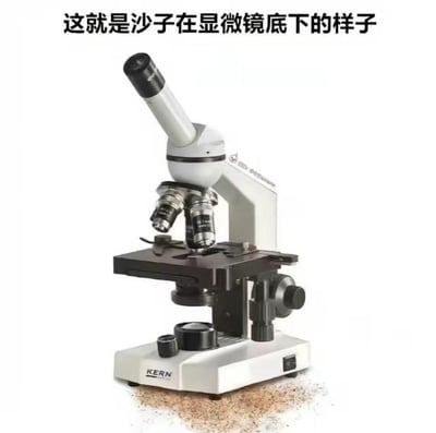 这是一张利用文字歧义制造笑点的趣味梗图，图中展示了一台KERN品牌的光学显微镜，显微镜的底座下方摆放着一堆普通沙子，上方配文“这就是沙子在显微镜底下的样子”。它利用“在显微镜底下”的双重含义制造预期反差：观众原本期待看到通过显微镜观测到的微观沙子形态，结果图里只是字面意义上把沙子放在显微镜这个物体的下方，形成了脑洞大开的搞笑效果。
