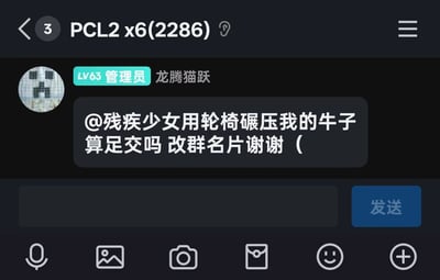 聊天应用界面截图，显示管理员用户发送包含不当内容的消息。