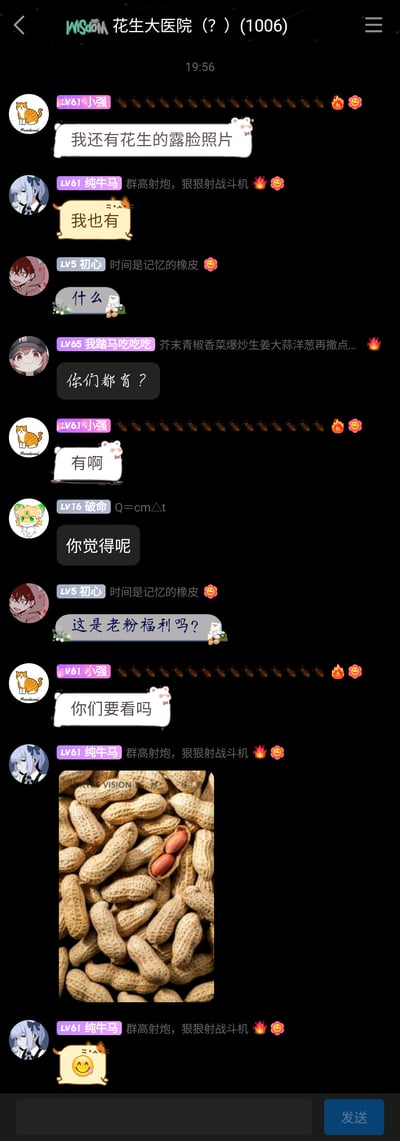 这是一张QQ群聊截图，群名为「花生大医院（？）(1006)」。群成员LV61小强首先发言称自己有「花生的露脸照片」，LV61纯牛马附和说自己也有，其他群成员好奇询问，以为是某个叫「花生」的人的露脸照片，甚至有人猜测是老粉福利。最后纯牛马发送了一张带壳花生的图片，其中一颗花生被剥开露出花生仁，玩了谐音梗——将食物花生的「露仁（脸）」谐音成人的「露脸」，是群友间的趣味整活，充满了轻松搞笑的氛围。