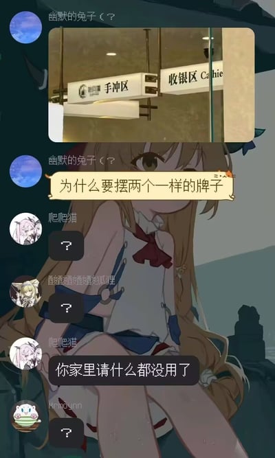 图片上半部分为现实场景中的两块牌子，分别写着“手冲区”和“收银区 Cashier”。下半部分是一位金发动漫女孩，穿着白色上衣配红色蝴蝶结和蓝色短裙，表情疑惑。图片中包含模拟的社交媒体聊天对话：用户“幽默的兔子”提问“为什么要摆两个一样的牌子”，其他用户“爬爬猫”“酩酊大醉醉醉狐狸”等以问号或“你家里请什么都没用了”回应，整体营造出对日常场景中疑似重复标识的幽默吐槽氛围。