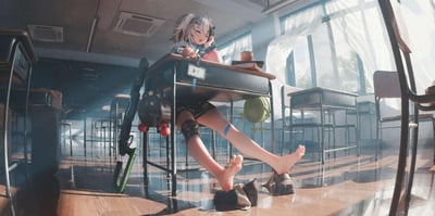 画面展现一间明亮教室，阳光透过窗户洒入，窗帘随风飘动。银发双马尾少女身着带科技感装饰的校服，坐在靠窗课桌前，左手撑脸，右手握钢笔，双脚随意翘起搭在椅子上，姿态慵懒。课桌旁斜靠一把造型独特的枪支，桌上放有书本和饮料杯，形成校园日常与武器元素的强烈反差，营造出赛博朋克风格的奇妙氛围。