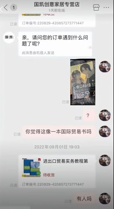 用户在国凯创意家居专营店订购了专业教材《进出口贸易实务教程》，收到的却是一本名为《A变O被情敌标记后我怀孕了》的耽美小说，两者风格内容反差巨大。用户随即向客服发图维权：先发送收到的耽美小说封面，附上问号，接着质问“你觉得这像一本国际贸易书吗”，再附上自己的教材订单截图，最后呼叫客服，但仅得到客服机器人的初始询问，之后无人工回复。整个事件充满荒诞感，专业教材和耽美小说的错位让人觉得十分搞笑，也体现了网购发错货的离谱经历。