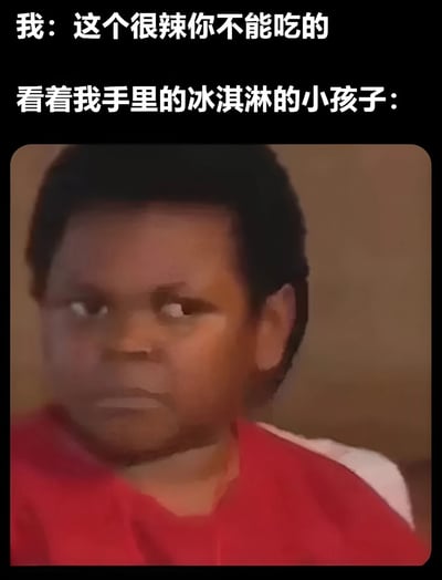 图片上方文字写着"我：这个很辣你不能吃的"，中间文字为"看着我手里的冰淇淋的小孩子："，下方是一个表情怀疑的黑人小男孩。图片通过成年人谎称冰淇淋很辣来阻止小孩吃的幽默场景，配合小孩怀疑的表情，形成搞笑效果。