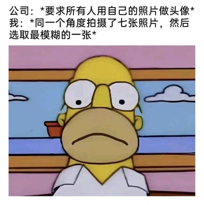 这是一张图文结合的职场梗图，上方配有两段吐槽文字：公司要求所有人用自己的照片做头像，而“我”则采取了敷衍应对的方式——同一个角度拍摄七张照片后选取最模糊的一张。下方搭配了美国动画《辛普森一家》中主角霍默·辛普森的截图，他眉头紧皱、嘴角下撇，满脸不情愿与郁闷，精准地传递出打工人对公司强制要求的抗拒心态，用幽默的方式展现了职场人在遵守规则的同时，用小手段表达不满的日常，极易引发职场群体的共鸣。