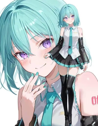 这是一幅AI创作的二次元同人插画，以VOCALOID经典角色初音未来为原型，将其设计为清新的短发造型，采用趣味视觉错位构图：画面左侧是放大的初音脸部特写，她脸颊泛红，带着羞涩俏皮的微笑，手指轻触唇边；右侧则是缩小版的完整初音，站在放大版的肩膀上，服装保留了初音标志性的公式服元素——无袖白衬衫、青绿色领带、黑底青边短裙、过膝长靴，手臂上的“01”标识也清晰呈现，整体风格甜美可爱，通过大小人物的对比营造出独特的视觉趣味。