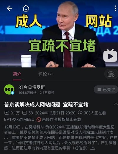 这是一张哔哩哔哩（B站）平台的新闻视频截图，画面上方用醒目的黄色“成人 网站”和绿色“宜疏不宜堵”大字提炼核心观点。截图展示了UP主“RT今日俄罗斯”发布的视频《普京谈解决成人网站问题 宜疏不宜堵》的界面，包含视频标题、播放数据（9.1万播放、303人正在观看）、发布时间2024年12月21日，以及详细的内容简介：2024年12月19日，俄罗斯总统普京在莫斯科的“直播连线”活动和年度记者会上，针对是否限制成人网站的问题提出，不应直接禁止，而是提供更有趣的替代方案，让浏览者对成人网站产生厌倦后转向其他有意义的内容。画面主体是普京坐在桌前发言的场景，整体风格严肃理性，聚焦社会治理话题。