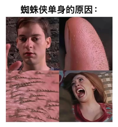 图片上方配有醒目文字'蜘蛛侠单身的原因：'，下方采用四格拼接布局呈现电影截图。左上为蜘蛛侠（托比·马奎尔饰）凝视手指的特写镜头，表情中带着一丝困惑；右上是其手指的超近景画面，清晰可见类似蜘蛛足的细小刚毛结构；左下为皮肤上布满交叉抓痕的特写，暗示亲密接触时可能造成的意外；右下则是女性角色（玛丽·简·沃森）惊恐尖叫的夸张表情。通过将蜘蛛侠的超能力特性与恋爱场景进行趣味关联，以'能力导致单身'的逻辑制造反差笑点。