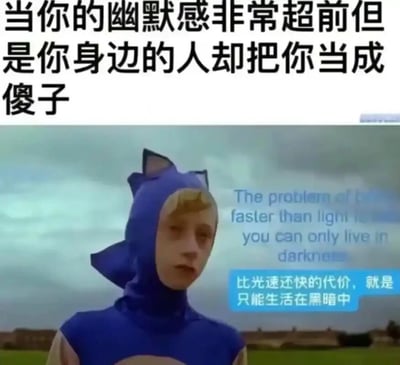 这是一张用于自嘲的网络梗图，整体为横版静态图文混排形式。图片上方是醒目的黑色加粗中文文字：“当你的幽默感非常超前但是你身边的人却把你当成傻子”，点明了图的核心情绪。图片主体是一位穿着蓝色刺猬索尼克cos服装的真人，他表情落寞无奈，站立在户外的草地与低矮房屋背景前。图片右侧配有英文原文“The problem of faster than light is you can only live in darkness”和对应的中文字幕“比光速还快的代价，就是只能生活在黑暗中”。这张图将索尼克“速度极快”的IP设定进行改编，用“超越光速就要活在黑暗中”的夸张设定，类比自身幽默感过于超前，无法被身边人理解，只能像“活在黑暗中”一样孤独的处境，通过cosplay的反差感和贴切的比喻制造笑点，精准表达了不被理解的尴尬与自嘲情绪。