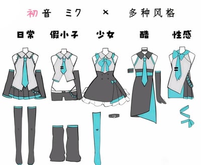 这是一组基于虚拟歌手初音未来经典公式服的衍生服装设计稿，共打造了日常、假小子、少女、酷、性感五种风格的服饰。所有设计均保留了初音标志性的蓝灰配色、领带与「=」元素，同时根据风格调整版型：日常款延续公式服百褶裙基础结构；假小子款改用短裤+短背心组合；少女款设计为带蝴蝶结、荷叶边的甜美连衣裙；酷风格款采用不对称裙装凸显个性；性感款以露腰和不规则下摆突出线条感，既保留角色辨识度，又赋予不同时尚风格。