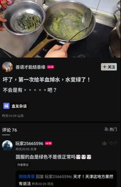 这是一张竖屏的社交媒体截图，画面上半部分是厨房操作场景：一只手拿着装有羊血的不锈钢盆，另一只手用漏勺翻动锅里正在焯水的羊血，锅中的水呈现出明显的绿色；下半部分是社交平台的帖子内容，楼主“善语才能结善缘”发布动态，表达自己第一次给羊血焯水时水变绿的疑惑，担心羊血存在问题；热门评论“玩家25665596”玩了国内游戏中血液被和谐为绿色的梗，回复“国服的血是绿色不是很正常吗”，获得了高赞，还有其他用户回复该评论称其为“天才”，调侃天津网友的有趣回复。
