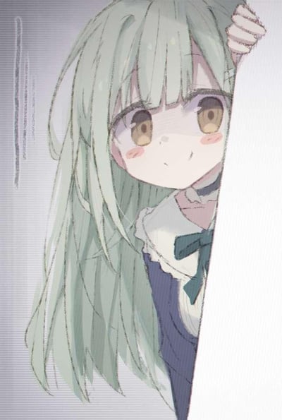 插画风格的动漫少女，浅绿色长发带有层次感，刘海整齐垂落遮住额头。她正从白色物体后方探出头来，右手扶着边缘，露出半张脸。棕色眼眸明亮有神，脸颊带着自然红晕，嘴角微微上扬呈现腼腆的微笑。穿着白色带有蕾丝花边的上衣，领口系着深蓝色蝴蝶结。背景为浅灰色带有细密竖条纹，左侧有几条较粗的垂直线条装饰。整体画面色调柔和，营造出可爱又略带羞涩的氛围。