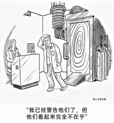这是一幅黑白卡通风格的科研场景漫画，画面展现了实验室内部的状况：右侧是一台带有漩涡状门的大型实验设备，外观类似传送门或时光机，设备旁连接着两个气瓶；左侧一位女性科研人员身着白大褂，坐在控制台后操作设备；画面中间的男性科研人员同样穿着白大褂，单手扶头，脸上满是苦恼与焦虑。画面下方的配文“我已经警告他们了，但他们看起来完全不在乎”，暗示此前该科研人员已经对实验风险发出过警告，但并未被重视，最终导致实验设备出现异常状况，漫画以幽默讽刺的方式，展现了科研工作中因忽视警告而引发的无奈窘境，折射出职场中责任缺失的荒诞现实。