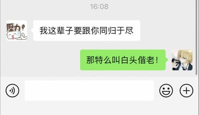 这是一张聊天记录截图，展示了一段幽默对话。上方消息来自带有“压力”字样表情包的用户，发送内容为“我这辈子要跟你同归于尽”；下方绿色气泡消息回复“那特么叫白头偕老！”，并配有金发动漫人物头像。图片通过将“同归于尽”（原意共死）与“白头偕老”（寓意长久陪伴）进行语义调侃，制造出搞笑效果，展现了朋友或情侣间的轻松互怼场景。