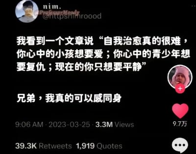 这是一张社交媒体平台Twitter/X的帖子截图，显示用户nim. (@ProfessorMoody)分享了一段关于自我治愈的感悟。帖子内容提到：“我看到一个文章说‘自我治愈真的很难，你心中的小孩想要爱；你心中的青少年想要复仇；现在的你只想要平静’ 兄弟，我真的可以感同身受”。截图显示该帖子发布于2023年3月25日上午9:06，获得了330万次浏览、3.93万次转发、1919次引用和9.7万个点赞。界面包含用户头像、用户名、发布时间、互动数据等典型社交媒体元素。