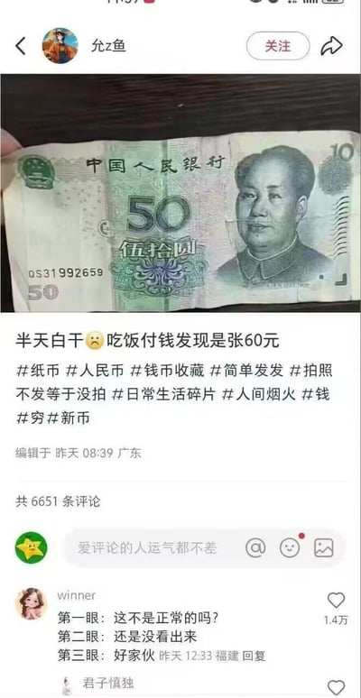 这是一张类小红书社交平台的截图，博主「允z鱼」发布了一张经过P图拼接的人民币图片：将50元人民币的主体和10元人民币的右上角部分组合，制造出一张看似“60元”的不存在纸币。博主配文“半天白干😫吃饭付钱发现是张60元”，表达收到这张无效纸币的无奈。评论区热门评论用户「winner」表示自己看了三遍才发现是拼接的，引发众多网友共鸣。
这张图的梗点在于通过P图制造出不存在的人民币面额，用夸张的方式吐槽日常遇到的糟心事，充满搞笑感。