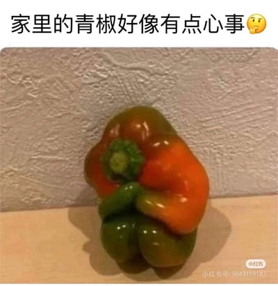 这张图片展示了一个因畸形生长而外形奇特的青椒，它的形态酷似人类双手抱胸、蜷缩身体的低落姿态，仿佛正陷入愁绪。图片上方配有文字“家里的青椒好像有点心事😔”，通过拟人的手法将青椒的怪异外形与人类有心事时的状态结合，制造出呆萌搞笑的趣味效果，没有双关、谐音梗等特殊表意，完全依靠外形的拟人感带来笑点。