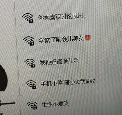 这是一张翻拍电子屏幕的静态图片，展示了可搜索到的加密WiFi列表，五个WiFi的名称均为极具个性的口语化表达，从上到下依次为：1.你俩喜欢讨论就出... 2.学累了刷会儿美女（附带害羞表情）3.我他妈直接乱杀 4.手机不停响的没点逼数 5.生性不爱笑。这些WiFi名称有的吐槽公共场合喧闹、不遵守公共秩序的人，有的直白表达个人日常状态和情绪，风格搞怪直白，充满网感，十分有趣。