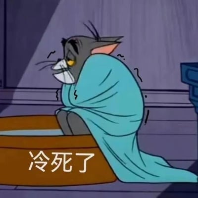 图片中是《猫和老鼠》里的灰色猫咪汤姆，它正蜷缩在一个木盆里，身上紧紧裹着一条蓝色的毯子，身体周围有表示发抖的波浪线，表情显得十分寒冷。图片底部配有文字“冷死了”，直观表达出汤姆极度寒冷的状态。整体画面幽默地展现了寒冷时的狼狈模样，常被用来表达感到寒冷的情绪。