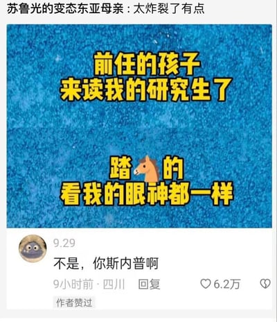 这张图片是一个社交媒体截图，展示了一个幽默吐槽类的梗图。图片上方有标题"苏鲁光的变态东亚母亲：太炸裂了有点"。主体部分是蓝色纹理背景上的黄色文字："前任的孩子来读我的研究生了 踏马的看我的眼神都一样"，其中"马"字用一个小马表情替代。图片下方是一条热门评论："不是，你斯内普啊"，获得了6.2万点赞，显示为9小时前来自四川的评论，且被作者点赞。