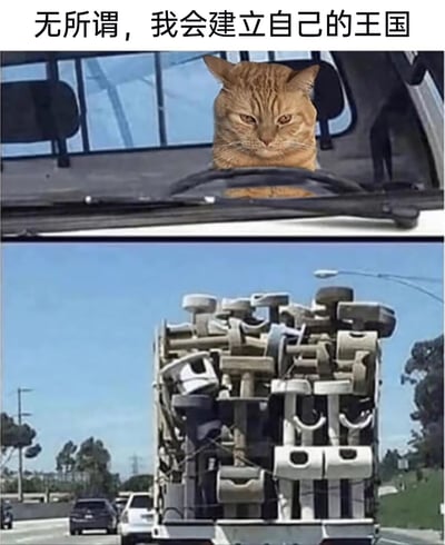 这是一张上下拼接的网络搞笑梗图，上方画面是一只表情严肃的橘猫被合成在车辆驾驶位，仿佛正认真驾驶车辆；下方画面是一辆在公路上行驶的特殊卡车，车尾装载了大量的汽车方向盘。图的顶部配有文字“无所谓，我会建立自己的王国”，将橘猫“开车”的画面与大量方向盘结合，以戏谑的方式营造出这只猫要靠这些方向盘建立专属“王国”的搞笑反差感，用中二又幽默的情绪表达出不管现状如何，都要坚持完成自己目标的态度，适合用来调侃或表达自己的决心。
