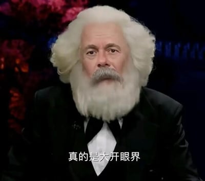 这是一张AI生成的创意梗图，图中呈现出卡尔·马克思的形象，他有着标志性的白色蓬松卷发和浓密的白色大胡须，身着黑色正装搭配白色衬衫与领结，表情略带惊讶和感慨，正看向镜头方向。图片下方配有白色字幕“真的是大开眼界”，用经典历史人物的形象搭配现代口语化的感慨，营造出强烈的反差感，用来表达对新鲜、新奇事物的惊叹情绪，没有双关、谐音梗等特殊隐含含义。