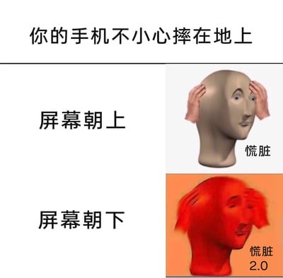 这是一张上下对比式的搞笑梗图，顶部文字为“你的手机不小心摔在地上”，将手机摔落的两种场景与对应的情绪做了夸张对比：当手机屏幕朝上摔落时，搭配的是双手扶头的抽象人形头“慌脏”（谐音“慌张”）形象，表现出对手机机身脏污的轻微焦虑；当手机屏幕朝下摔落时，搭配的是变红、表情崩溃的“慌脏2.0”抽象人形头形象，传递出对手机屏幕碎裂的极度恐慌。图中用谐音梗和夸张的Meme形象，精准戳中了当代人将手机屏幕视为“命根子”的日常心态，充满搞笑共鸣感。