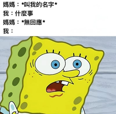 这是一张幽默梗图，上方是一段对话，描述了妈妈叫孩子名字却不回应的常见家庭场景。下方是动画角色海绵宝宝的特写，他瞪大双眼、张大嘴巴，露出极度震惊和困惑的表情，完美诠释了孩子被父母这样对待时的内心感受。这种夸张的表情与日常生活中常见的小困扰形成有趣对比，引发观众共鸣和笑声。