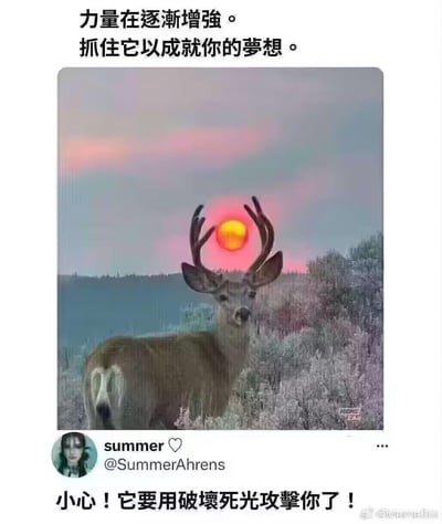这是一张利用视觉错位效果制作的搞笑梗图：实拍照片中，一只鹿站在野外的夕阳下，太阳恰好位于鹿的两只鹿角中间，看起来像是鹿的角间凝聚的能量球。图上方配有励志风格的文字“力量在逐渐增强。抓住它以成就你的夢想。”，下方的社交媒体截图里则用吐槽文字“小心！它要用破壞死光攻擊你了！”玩梗，将错位的太阳联想为科幻作品里的“破坏死光”，用励志配文和搞笑吐槽形成反差，制造出趣味效果。
梗点说明：利用视觉错位，把夕阳和鹿角的组合玩成“破坏死光”的科幻梗，反差感拉满。