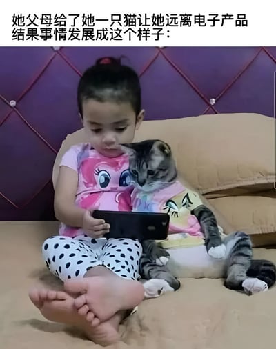 图片展示了一个小女孩和一只虎斑猫坐在沙发上的场景。小女孩穿着粉色卡通图案上衣和黑白波点裤子，正低头专注地看着手中的智能手机。旁边的虎斑猫穿着一件印有卡通眼睛图案的彩色衣服，安静地依偎在小女孩身边。图片上方配有文字：'她父母给了她一只猫让她远离电子产品 结果事情发展成这个样子:'，形成了有趣的反转效果 - 父母希望通过养猫让孩子减少使用电子产品，结果孩子却带着猫一起看手机。