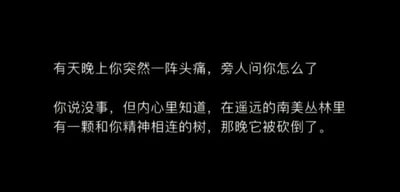 这是一张纯文字静态图，以黑色为背景，搭配白色清晰字体呈现一段充满奇幻色彩的感性文字。文字构建了一个独特的精神联结场景：某天夜晚，“你”突然感到头痛，面对旁人的关心询问，“你”表面回应没事，内心却知晓头痛的根源是远在南美丛林里，一棵与自己精神相连的树在当晚被砍倒了。这段文字将身体的不适与遥远异乡的事物建立了浪漫又略带惆怅的精神关联，充满小众文艺的氛围感，适合用作情绪抒发类的素材。