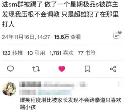 这是一张X平台（原推特）的社交媒体截图，博主分享了自己的尴尬经历：为了装成S进入SM群，伪装了一个星期后被群主发现，自己根本不懂调教技巧，只是借着所谓“超雄犯了”的由头单纯打人，因此被踢出群。下方有网友评论，用「被家长发现不会跆拳道只喜欢踹小孩」的接地气类比来调侃这件事，将不懂装懂的尴尬行为放大，制造出强烈的搞笑效果，引发大量网友互动。
