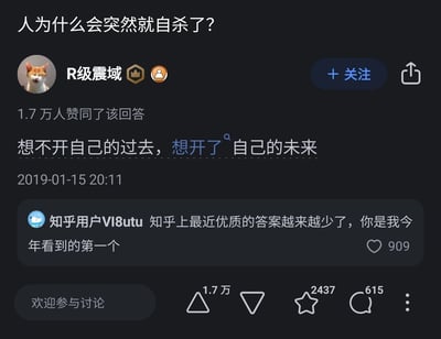 这是一张竖屏格式的知乎平台回答截图，页面顶部是提问“人为什么会突然就自杀了？”，用户“R级震域”以猫咪头像发布回答“想不开自己的过去，想开了自己的未来”，该回答精准概括了自杀者的心理困境：无法释怀过往的痛苦，同时对未来彻底绝望，看不到任何盼头，因此选择结束生命。该回答获得1.7万人赞同，发布于2019年1月15日20:11。下方有知乎用户Vl8utu的评论，称赞该回答是今年看到的第一个优质答案，该评论收获909个赞。整个截图呈现了知乎上一个引发广泛共鸣的高赞回答内容，文字简短却极具冲击力，戳中了人们对这类悲剧心理的深刻认知。