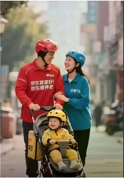 图片中展示了一个由外卖配送员组成的“三口之家”：左侧男子穿着红色京东配送制服，衣服上印有“京东就是好！京东缴养老”字样，头戴红色头盔，正推着婴儿车；右侧女子穿着蓝色饿了么配送制服，头戴蓝色头盔，亲昵地搀扶着男子的手臂；婴儿车内坐着一个穿着黄色美团制服的小孩，头戴黄色头盔，面带笑容。三人站在城市街道背景中，整体氛围轻松诙谐，通过将京东、饿了么、美团三大外卖平台的标志性元素组合成家庭形象，幽默地展现了外卖行业在日常生活中的渗透。