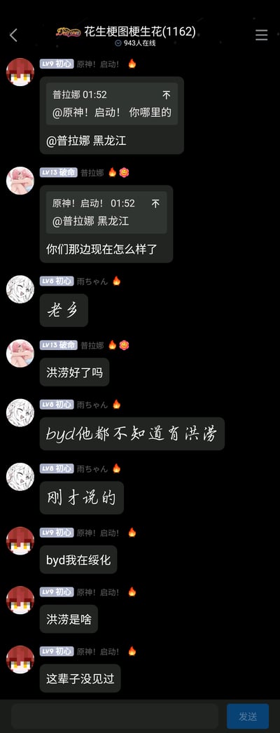 这是一张名为“花生梗图梗生花”的网络群聊截图，群内显示有943人在线。群成员之间围绕地域和黑龙江洪涝话题展开轻松闲聊：普拉娜询问成员“原神！启动！”的所在地，对方回复来自黑龙江；随后成员破命关心黑龙江的近况，询问洪涝是否好转；同为黑龙江的成员雨ちゃん调侃“原神！启动！”不知道洪涝一事，而“原神！启动！”则表示自己身处绥化，从未见过洪涝，甚至不知道洪涝是什么。对话中使用了网络用语“byd”，整体氛围轻松随意，是网友之间的日常交流。