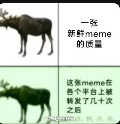 这是一张采用上下对比形式的静态meme图，整体分为四个区域：上半部分为白色背景，左侧是一只画质清晰的麋鹿，右侧配文“一张新鲜meme的质量”，用来指代刚被创作出来、还未经过传播的meme，此时内容画质完好、质量较高；下半部分为淡绿色背景，左侧是一只经过多次转发后变得模糊且偏色的麋鹿，右侧配文“这张meme在各个平台上被转发了几十次之后”，生动地调侃了网络上的meme内容在跨平台多次转发的过程中，会因为不同平台的压缩、转存等操作导致画质不断劣化、质量下降的普遍现象，精准还原了网友们在网络上看到被反复传播的老梗时的直观视觉体验。