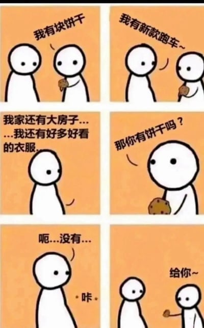 这是一组六格的卡通连环漫画，画面中有两个简约的白色卡通小人。第一格中，右侧的小人拿着饼干说道“我有块饼干”；第二格，左侧的小人开始炫耀“我有新款跑车~”；第三格，左侧小人继续罗列自己的物质财富：“我家还有大房子......我还有好多好看的衣服.”；第四格，拿着饼干的小人向对方问道“那你有饼干吗？”；第五格，左侧小人失落回应“呃...没有...”；第六格，拿着饼干的小人将饼干递出，说道“给你~”。漫画通过强烈的反差感，调侃了过度的物质炫耀，传递出在部分人眼中，看似珍贵的物质财富远不如自己在意的小事物重要的纯粹价值观。