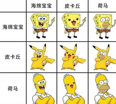 这是一张采用九宫格布局的P图创作，横向与纵向分别标注了海绵宝宝、皮卡丘、荷马三个经典黄色系卡通角色，每个格子的形象为对应行列两个角色的融合产物：第一行是海绵宝宝的身体分别搭配自身、皮卡丘、荷马的脸部；第二行是皮卡丘的身体分别搭配三个角色的脸部；第三行是荷马的身体分别搭配三个角色的脸部。所有融合形象都保留了角色的标志性动作，通过形象混搭制造出充满趣味的视觉效果，凸显了三个角色的色彩共性与混搭后的违和感反差。