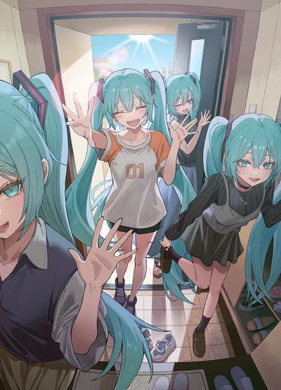 画面中展示了多个有着蓝绿色双马尾的少女（形象酷似初音未来）在一个房间的门口区域。最前方的少女穿着印有“01”字样的白色与橙色拼接T恤和黑色短裤，正张开双手开心地笑着挥手；右侧的少女穿着黑色长袖上衣和灰色背带裙，同样带着微笑；后方还有其他穿着不同服饰的同款少女，整体场景明亮，阳光从门口照射进来，营造出欢快活泼的氛围。