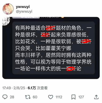 这是一张社交媒体截图，显示用户"ywwwuyi"发布的一条关于角色类型讨论的帖子。帖子内容分析了两种适合特定题材的角色类型，并提到了具体角色例子。