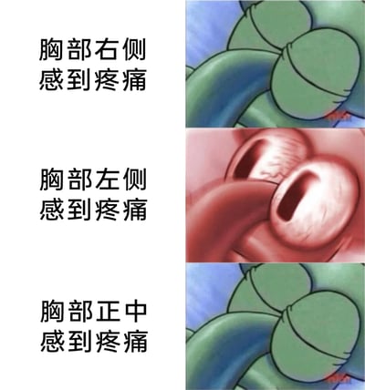 这是一张由三行内容组成的多图拼接梗图，每行左侧为文字说明，右侧为对应卡通画面。第一行文字标注“胸部右侧感到疼痛”，右侧是动画《海绵宝宝》中派大星背对镜头、姿态放松的绿色背影；第二行文字标注“胸部左侧感到疼痛”，右侧是派大星瞪大双眼、表情极度惊恐的面部特写，利用大众对左侧胸部疼痛可能关联心脏问题的担忧制造紧张感；第三行文字标注“胸部正中感到疼痛”，右侧又回到派大星放松的绿色背影。整幅图通过角色表情的强烈反差，调侃了人们面对不同位置胸部疼痛时的心理差异，营造出幽默效果。