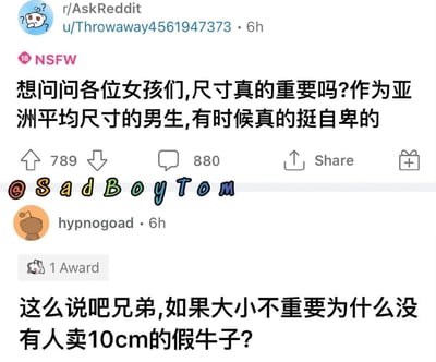 这是Reddit论坛r/AskReddit板块的截图，一位自称是亚洲平均尺寸的男生发帖询问女生“尺寸真的重要吗”，并坦言自己因此感到自卑，该帖收获789个赞和880条评论。下方网友hypnogoad给出了扎心的回复：“这么说吧兄弟，如果大小不重要为什么没有人卖10cm的假牛子？”，用现实角度直接回应了楼主的疑问，精准戳中了楼主的焦虑点，回复还获得了一个社区奖励。