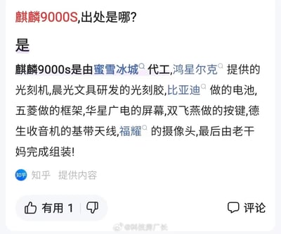 这是一张网友创作的搞笑段子截图，针对「麒麟9000S出处是哪」的问题，给出了一个完全戏谑、无真实依据的答案，将多个国民消费品牌跨界组合，编造出麒麟9000S的供应链：蜜雪冰城代工，鸿星尔克提供光刻机，晨光文具研发光刻胶，比亚迪做电池，五菱做框架，华星广电做屏幕，双飞燕做按键，德生收音机做基带天线，福耀做摄像头，最后由老干妈完成组装。
这是网友对国产芯片话题的趣味玩梗，用不相关品牌的组合制造反差搞笑效果，没有任何真实行业依据。