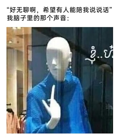 这是一张精准戳中社恐人群内心的搞笑梗图，上方文字直白表达了人在无聊时渴望有人陪伴聊天的表层诉求，下方配图是透过商场玻璃拍摄的模特，玻璃外的手的手势与模特身体恰好重合，形成了模特竖中指的视觉错觉，用来对应“脑子里的声音”，生动展现了嘴上渴望社交、内心却极度抗拒的社恐式内心反差，用荒诞的视觉错位画面放大这种矛盾感，极易引发有类似心理人群的共鸣，充满搞笑调侃的意味。